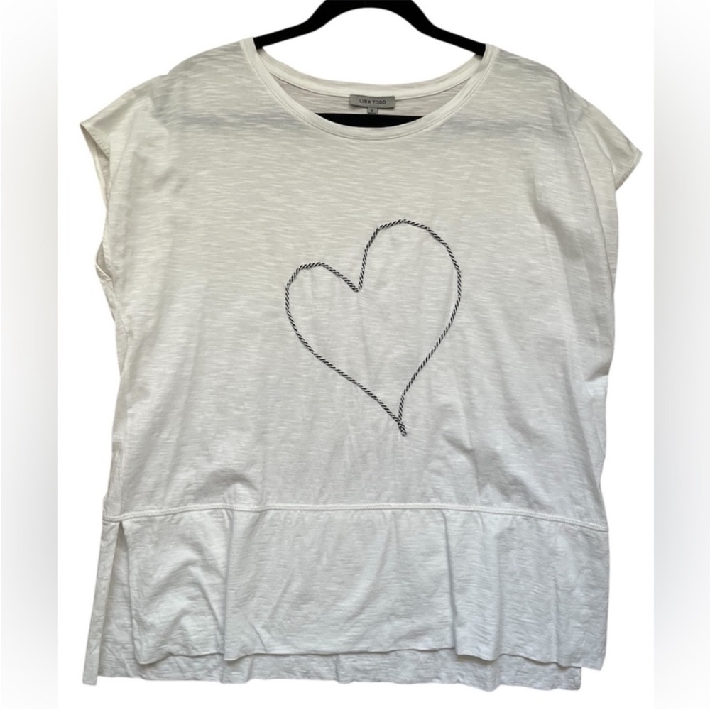 LISA TODD White Pima Cotton Slub Rope Heart Appliqué Graphic Tee Short Sleeve L